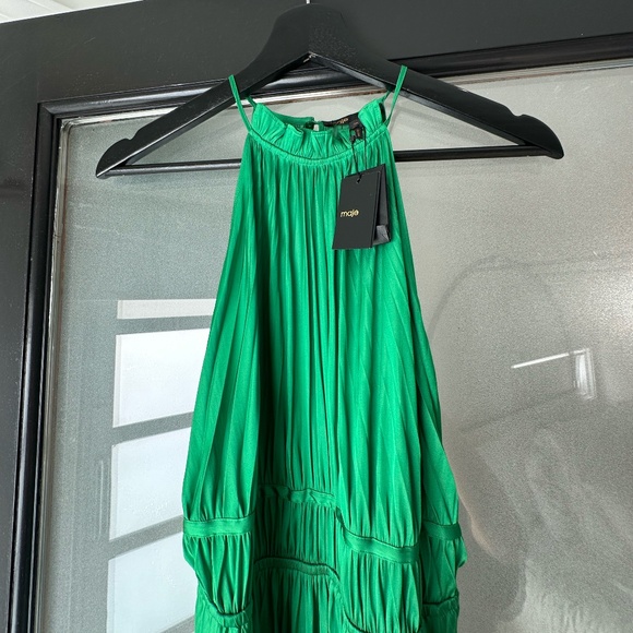 NWT Maje Reilly Green Pleated satin maxi dress halter - Picture 5 of 6